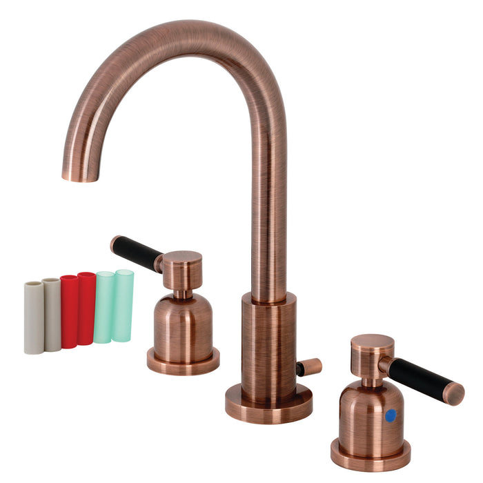 Kingston Sona FSC892DKLAC - Kaiser Two-Handle 3-Hole Deck Mount Widespread Bathroom Faucet with Brass Pop-Up, Antique Copper