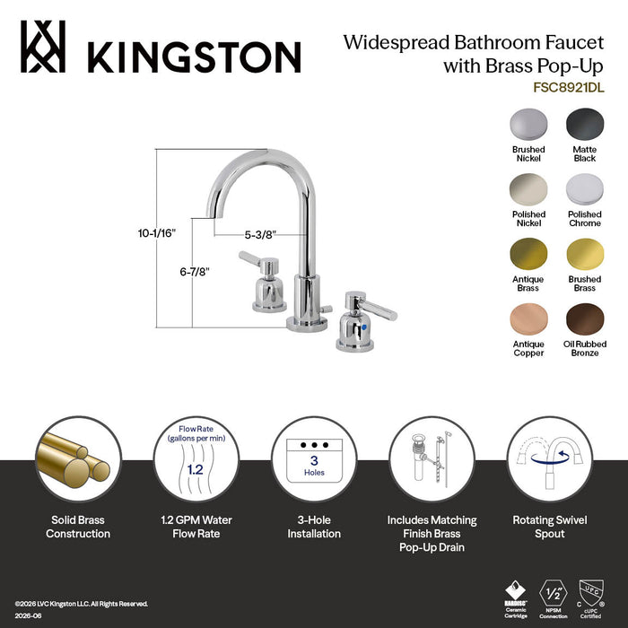 Kingston Concord FSC892DLAB Two-Handle 3-Hole Deck Mount Widespread Bathroom Faucet with Brass Pop-Up, Antique Brass