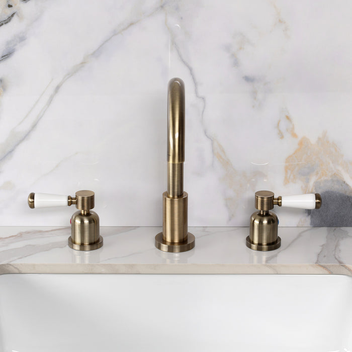 Kingston Paris FSC892DPLAB Two-Handle 3-Hole Deck Mount Widespread Bathroom Faucet with Brass Pop-Up, Antique Brass