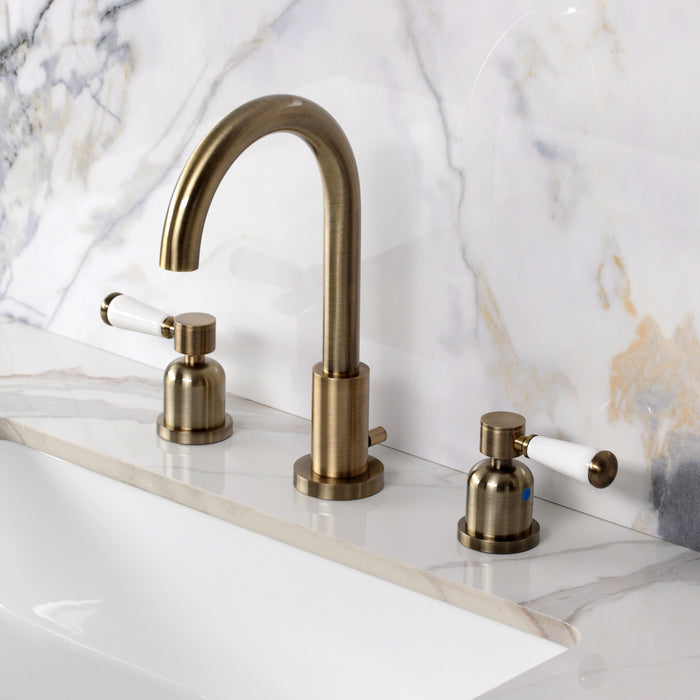 Kingston Paris FSC892DPLAB Two-Handle 3-Hole Deck Mount Widespread Bathroom Faucet with Brass Pop-Up, Antique Brass