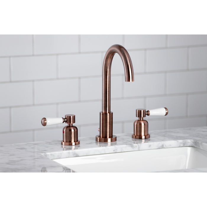 Kingston Tulare FSC892DPLAC - Paris Two-Handle 3-Hole Deck Mount Widespread Bathroom Faucet with Brass Pop-Up, Antique Copper