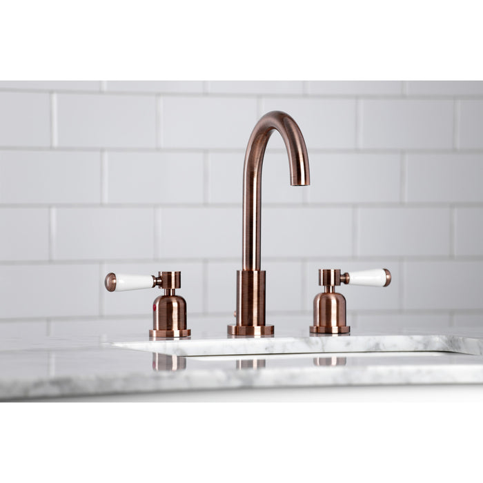 Kingston Tulare FSC892DPLAC - Paris Two-Handle 3-Hole Deck Mount Widespread Bathroom Faucet with Brass Pop-Up, Antique Copper