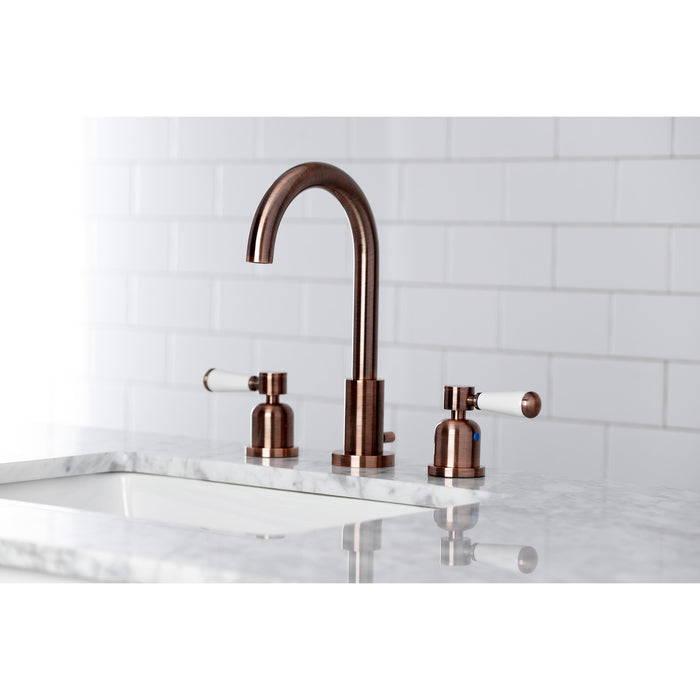 Kingston Tulare FSC892DPLAC - Paris Two-Handle 3-Hole Deck Mount Widespread Bathroom Faucet with Brass Pop-Up, Antique Copper