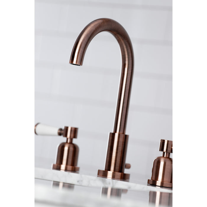 Kingston Tulare FSC892DPLAC - Paris Two-Handle 3-Hole Deck Mount Widespread Bathroom Faucet with Brass Pop-Up, Antique Copper