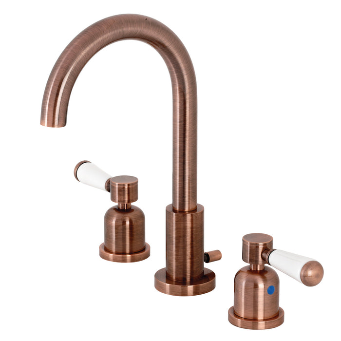 Kingston Tulare FSC892DPLAC - Paris Two-Handle 3-Hole Deck Mount Widespread Bathroom Faucet with Brass Pop-Up, Antique Copper
