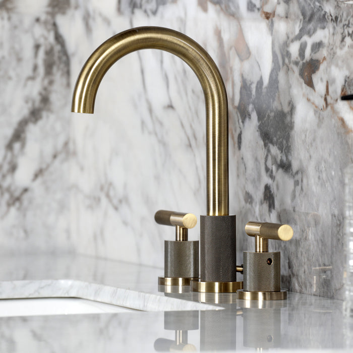 Convergent FSC892KNLAB Two-Handle 3-Hole Deck Mount Widespread Bathroom Faucet with Knurled Handle and Brass Pop-Up, Antique Brass