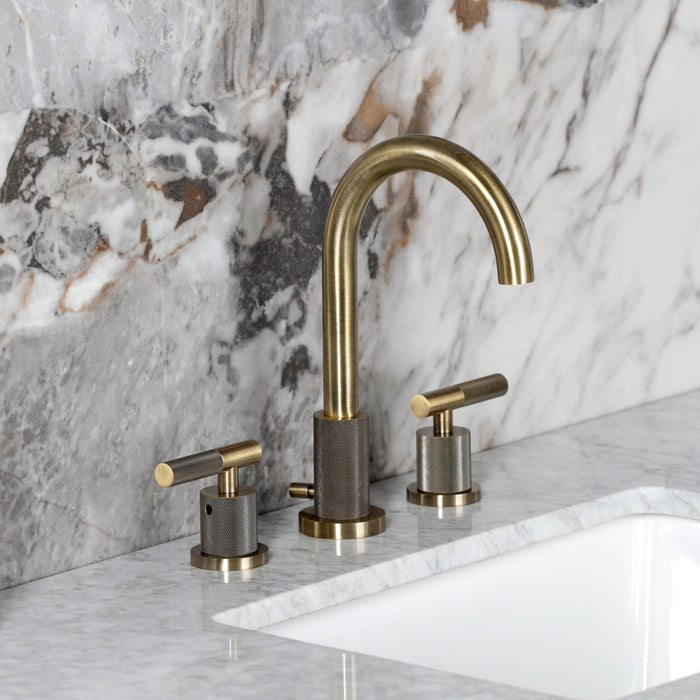 Convergent FSC892KNLAB Two-Handle 3-Hole Deck Mount Widespread Bathroom Faucet with Knurled Handle and Brass Pop-Up, Antique Brass