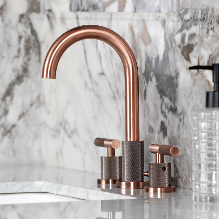Kingston Sona FSC892KNLAC - Convergent Two-Handle 3-Hole Deck Mount Widespread Bathroom Faucet with Knurled Handle and Brass Pop-Up, Antique Copper
