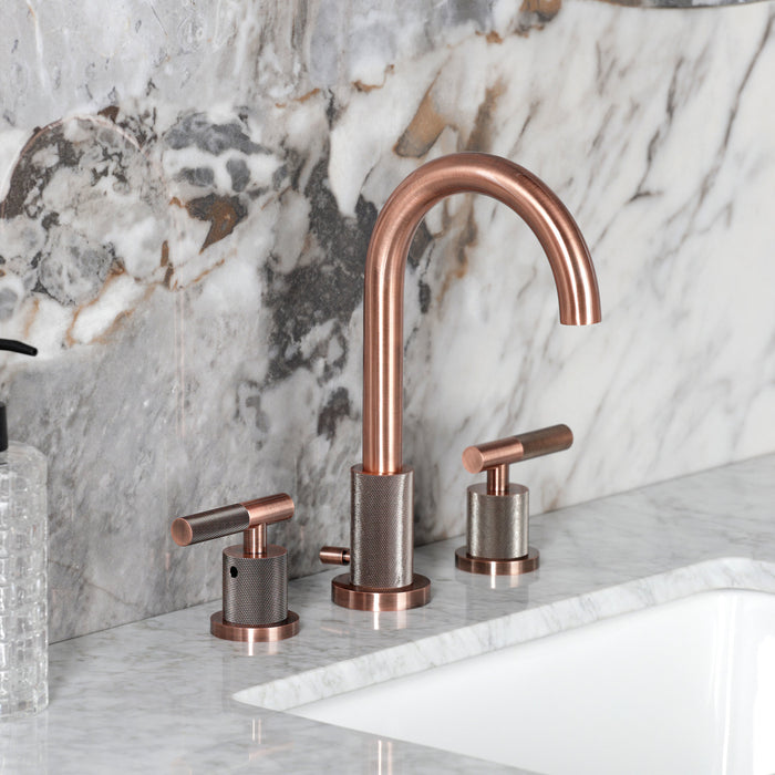 Kingston Sona FSC892KNLAC - Convergent Two-Handle 3-Hole Deck Mount Widespread Bathroom Faucet with Knurled Handle and Brass Pop-Up, Antique Copper