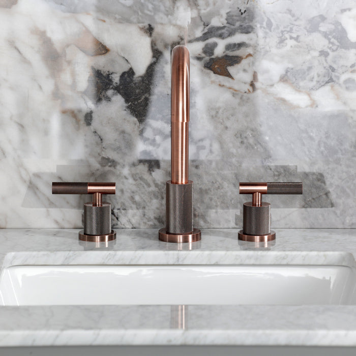 Kingston Sona FSC892KNLAC - Convergent Two-Handle 3-Hole Deck Mount Widespread Bathroom Faucet with Knurled Handle and Brass Pop-Up, Antique Copper
