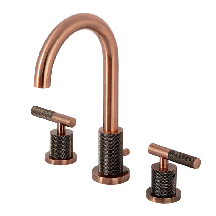 Kingston Sona FSC892KNLAC - Convergent Two-Handle 3-Hole Deck Mount Widespread Bathroom Faucet with Knurled Handle and Brass Pop-Up, Antique Copper