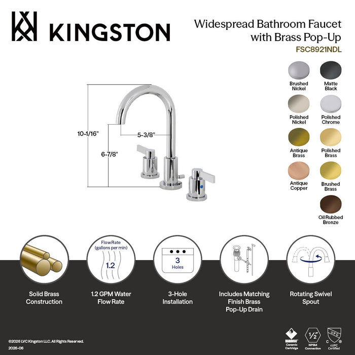 Kingston NuvoFusion FSC892NDLAB Two-Handle 3-Hole Deck Mount Widespread Bathroom Faucet with Brass Pop-Up, Antique Brass