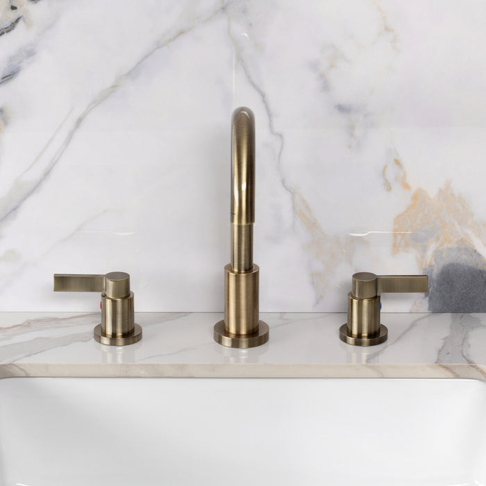Kingston NuvoFusion FSC892NDLAB Two-Handle 3-Hole Deck Mount Widespread Bathroom Faucet with Brass Pop-Up, Antique Brass