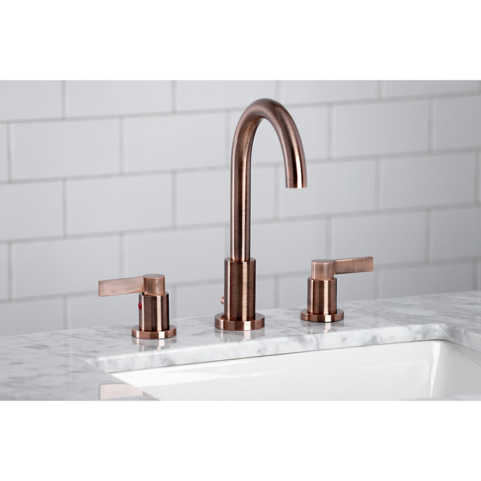Kingston Sona FSC892NDLAC - NuvoFusion Two-Handle 3-Hole Deck Mount Widespread Bathroom Faucet with Brass Pop-Up, Antique Copper