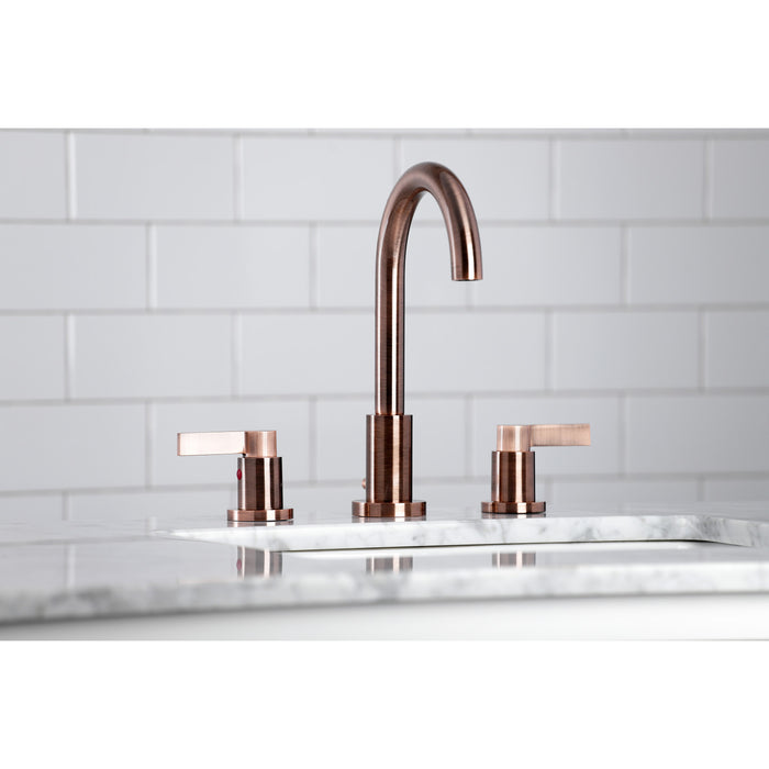 Kingston Sona FSC892NDLAC - NuvoFusion Two-Handle 3-Hole Deck Mount Widespread Bathroom Faucet with Brass Pop-Up, Antique Copper