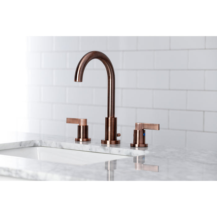 Kingston Sona FSC892NDLAC - NuvoFusion Two-Handle 3-Hole Deck Mount Widespread Bathroom Faucet with Brass Pop-Up, Antique Copper