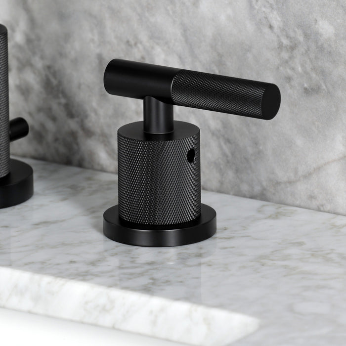 Kingston Sona FSC8930KNL - Convergent Two-Handle 3-Hole Deck Mount Widespread Bathroom Faucet with Knurled Handle and Brass Pop-Up, Matte Black
