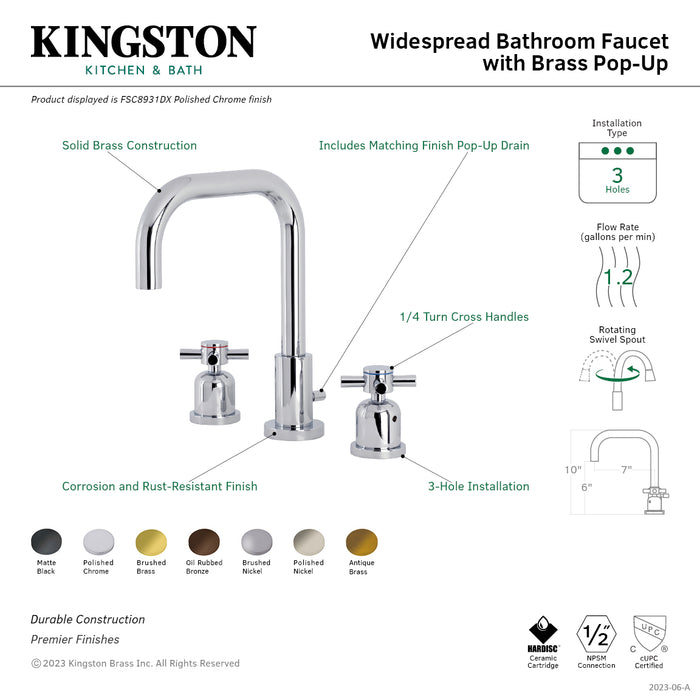 Kingston Sona FSC8931DX - Concord Two-Handle 3-Hole Deck Mount Widespread Bathroom Faucet with Brass Pop-Up, Polished Chrome