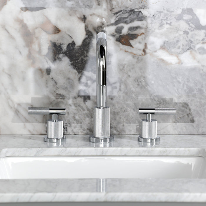 Kingston Sona FSC8931KNL - Convergent Two-Handle 3-Hole Deck Mount Widespread Bathroom Faucet with Knurled Handle and Brass Pop-Up, Polished Chrome