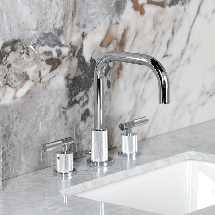 Kingston Sona FSC8931KNL - Convergent Two-Handle 3-Hole Deck Mount Widespread Bathroom Faucet with Knurled Handle and Brass Pop-Up, Polished Chrome
