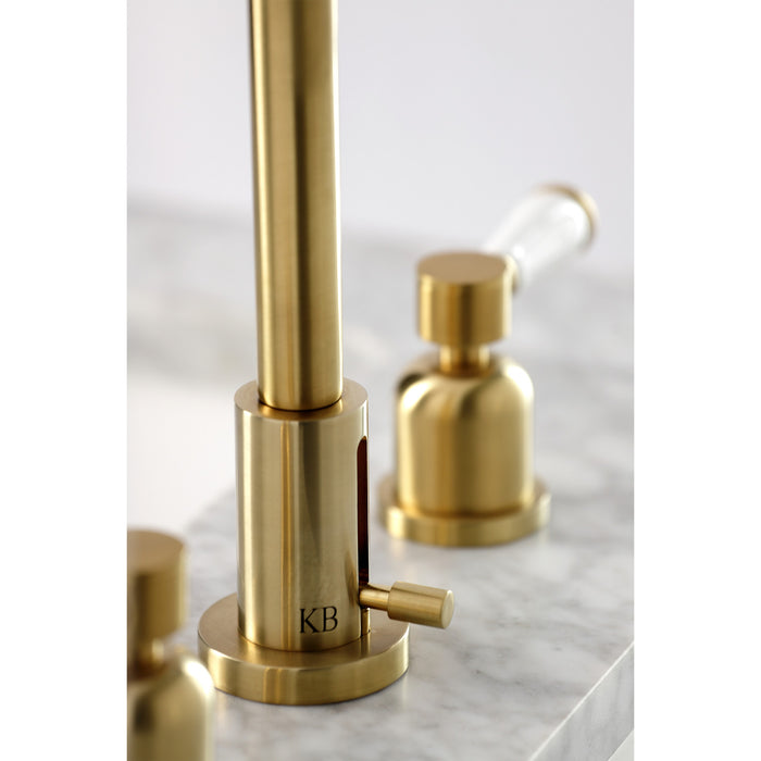 Kingston Tulare FSC8933DPL - Paris Two-Handle 3-Hole Deck Mount Widespread Bathroom Faucet with Brass Pop-Up, Brushed Brass