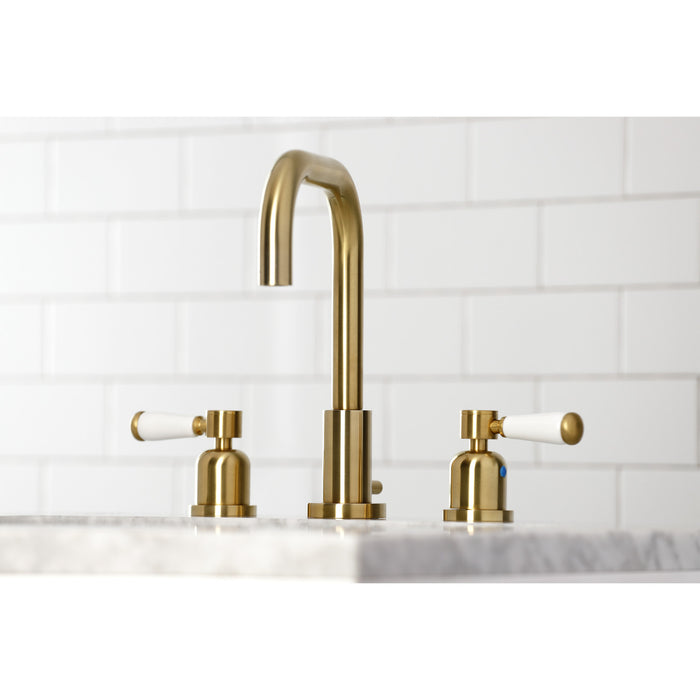 Kingston Tulare FSC8933DPL - Paris Two-Handle 3-Hole Deck Mount Widespread Bathroom Faucet with Brass Pop-Up, Brushed Brass
