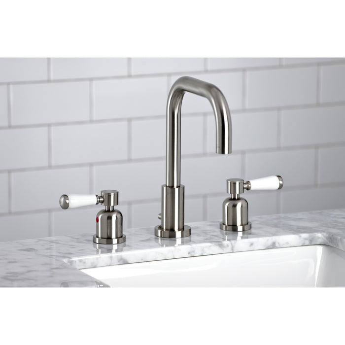 Kingston Tulare FSC8938DPL - Paris Two-Handle 3-Hole Deck Mount Widespread Bathroom Faucet with Brass Pop-Up, Brushed Nickel