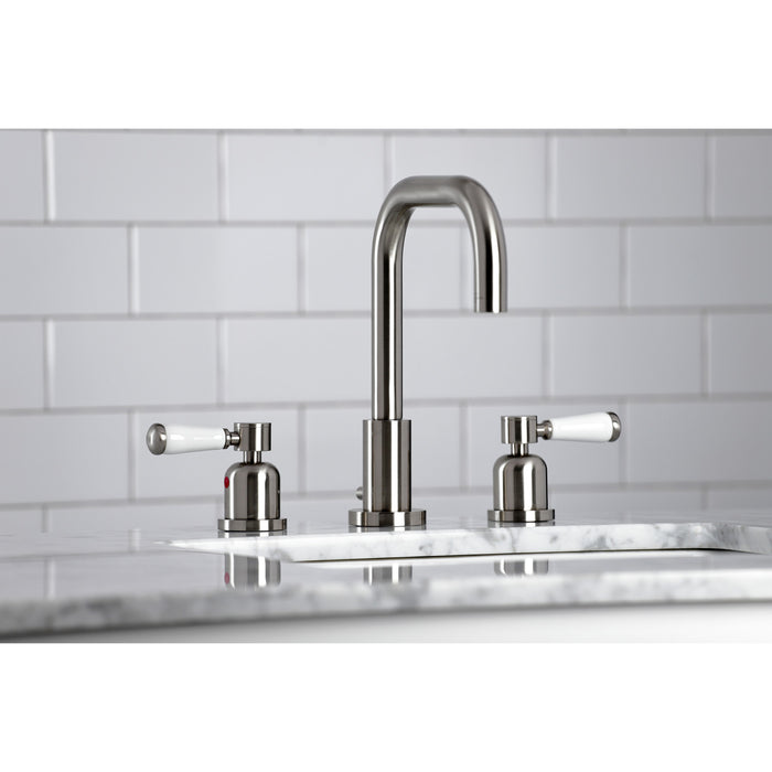 Kingston Tulare FSC8938DPL - Paris Two-Handle 3-Hole Deck Mount Widespread Bathroom Faucet with Brass Pop-Up, Brushed Nickel