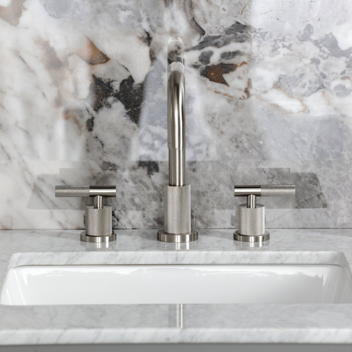 Kingston Sona FSC8938KNL - Convergent Two-Handle 3-Hole Deck Mount Widespread Bathroom Faucet with Knurled Handle and Brass Pop-Up, Brushed Nickel