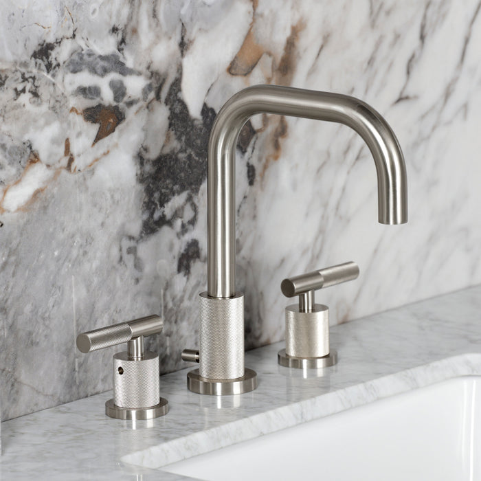 Kingston Sona FSC8938KNL - Convergent Two-Handle 3-Hole Deck Mount Widespread Bathroom Faucet with Knurled Handle and Brass Pop-Up, Brushed Nickel