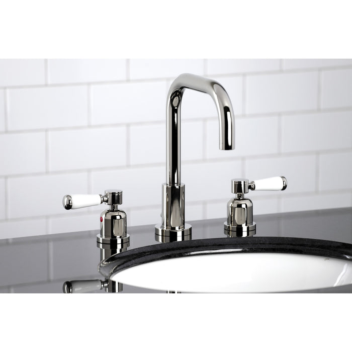 Kingston Tulare FSC8939DPL - Paris Two-Handle 3-Hole Deck Mount Widespread Bathroom Faucet with Brass Pop-Up, Polished Nickel