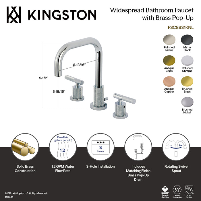 Kingston Sona FSC8939KNL - Convergent Two-Handle 3-Hole Deck Mount Widespread Bathroom Faucet with Knurled Handle and Brass Pop-Up, Polished Nickel