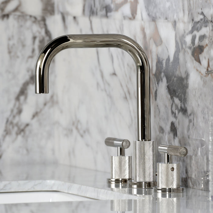Kingston Sona FSC8939KNL - Convergent Two-Handle 3-Hole Deck Mount Widespread Bathroom Faucet with Knurled Handle and Brass Pop-Up, Polished Nickel