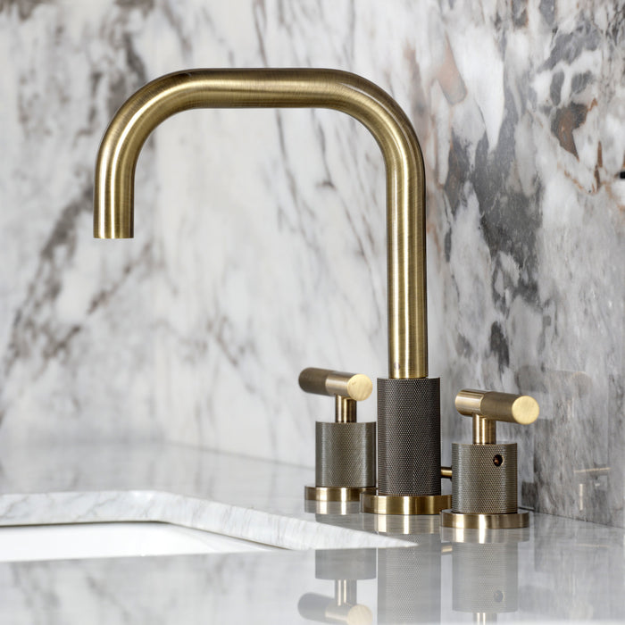 Kingston Sona FSC893KNLAB - Convergent Two-Handle 3-Hole Deck Mount Widespread Bathroom Faucet with Knurled Handle and Brass Pop-Up, Antique Brass