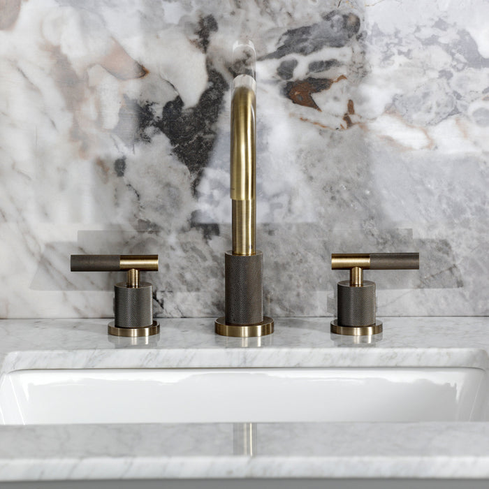 Kingston Sona FSC893KNLAB - Convergent Two-Handle 3-Hole Deck Mount Widespread Bathroom Faucet with Knurled Handle and Brass Pop-Up, Antique Brass