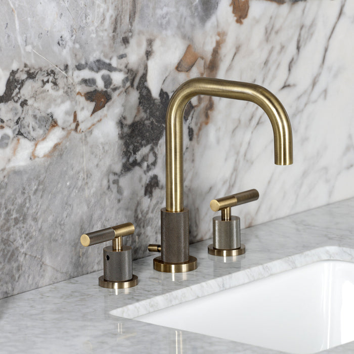 Kingston Sona FSC893KNLAB - Convergent Two-Handle 3-Hole Deck Mount Widespread Bathroom Faucet with Knurled Handle and Brass Pop-Up, Antique Brass