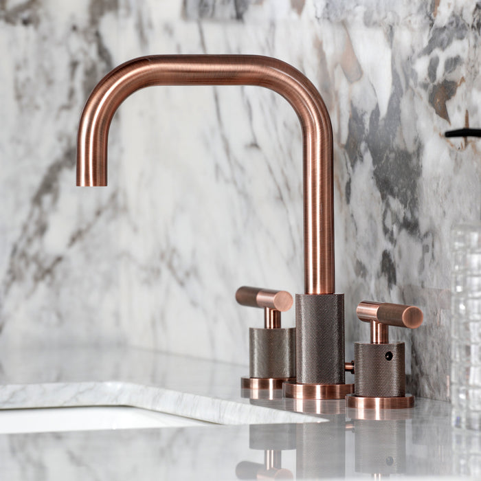 Kingston Sona FSC893KNLAC - Convergent Two-Handle 3-Hole Deck Mount Widespread Bathroom Faucet with Knurled Handle and Brass Pop-Up, Antique Copper