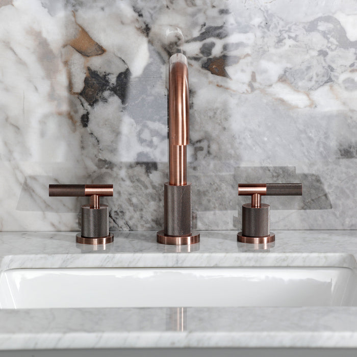 Kingston Sona FSC893KNLAC - Convergent Two-Handle 3-Hole Deck Mount Widespread Bathroom Faucet with Knurled Handle and Brass Pop-Up, Antique Copper