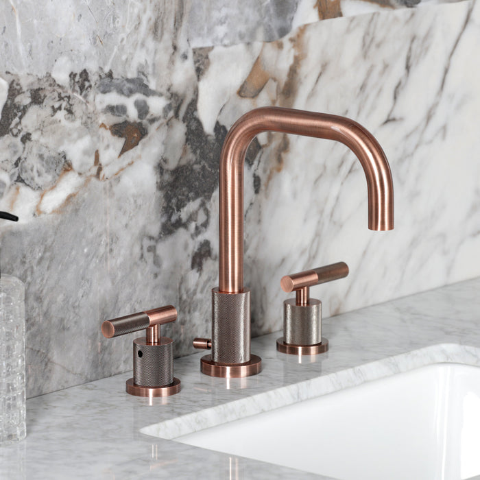 Kingston Sona FSC893KNLAC - Convergent Two-Handle 3-Hole Deck Mount Widespread Bathroom Faucet with Knurled Handle and Brass Pop-Up, Antique Copper