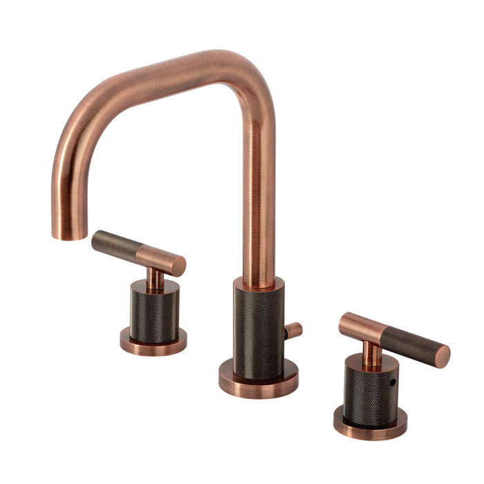 Kingston Sona FSC893KNLAC - Convergent Two-Handle 3-Hole Deck Mount Widespread Bathroom Faucet with Knurled Handle and Brass Pop-Up, Antique Copper