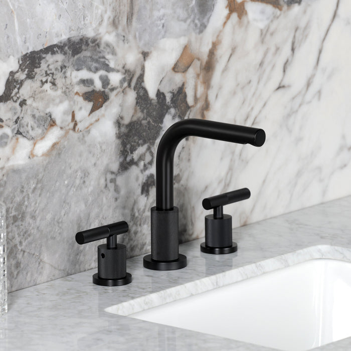 Kingston Sona FSC8950KNL - Convergent Two-Handle 3-Hole Deck Mount Widespread Bathroom Faucet with Knurled Handle and Brass Pop-Up, Matte Black