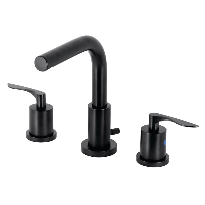 Kingston Tulare FSC8950SVL - Serena Two-Handle 3-Hole Deck Mount Widespread Bathroom Faucet with Brass Pop-Up, Matte Black