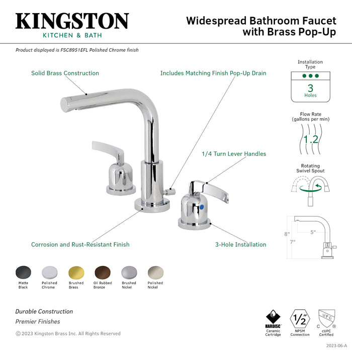 Kingston Tulare FSC8951EFL - Centurion Two-Handle 3-Hole Deck Mount Widespread Bathroom Faucet with Brass Pop-Up, Polished Chrome