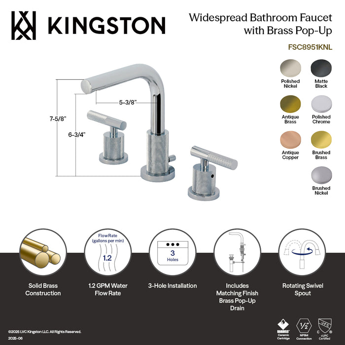 Kingston Sona FSC8951KNL - Convergent Two-Handle 3-Hole Deck Mount Widespread Bathroom Faucet with Knurled Handle and Brass Pop-Up, Polished Chrome