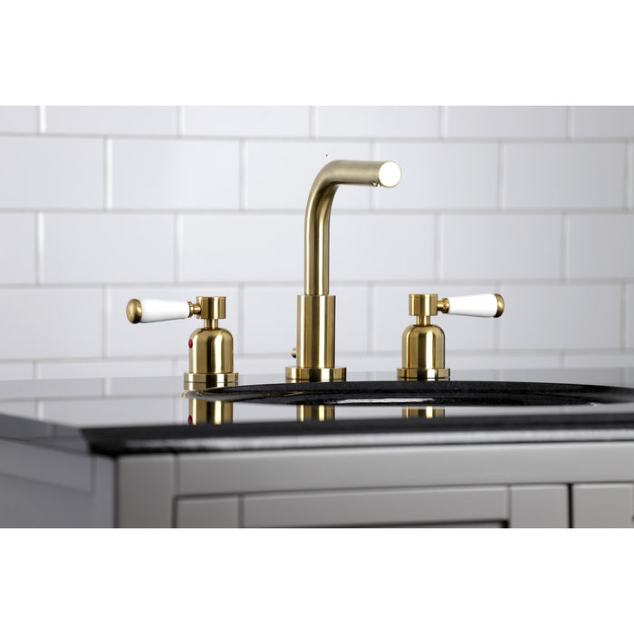 Kingston Tulare FSC8953DPL - Paris Two-Handle 3-Hole Deck Mount Widespread Bathroom Faucet with Brass Pop-Up, Brushed Brass