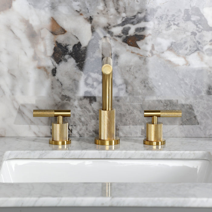 Kingston Sona FSC8953KNL - Convergent Two-Handle 3-Hole Deck Mount Widespread Bathroom Faucet with Knurled Handle and Brass Pop-Up, Brushed Brass