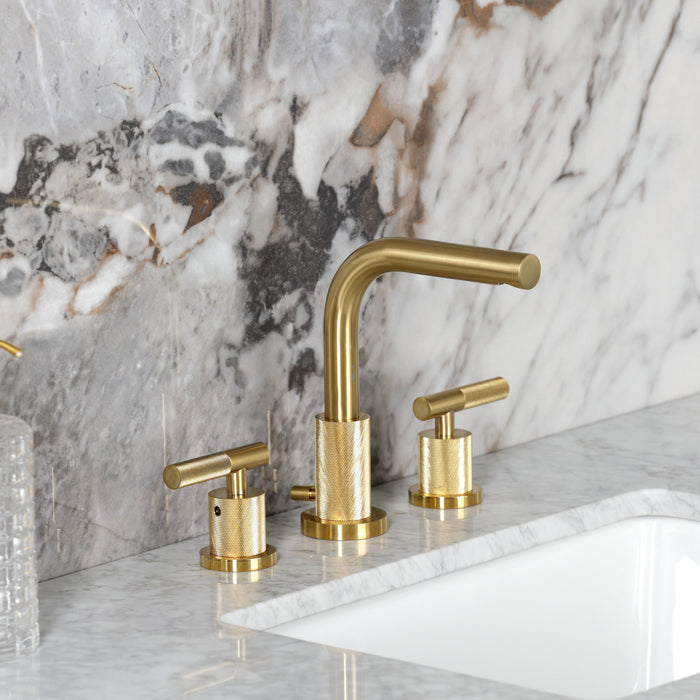 Kingston Sona FSC8953KNL - Convergent Two-Handle 3-Hole Deck Mount Widespread Bathroom Faucet with Knurled Handle and Brass Pop-Up, Brushed Brass