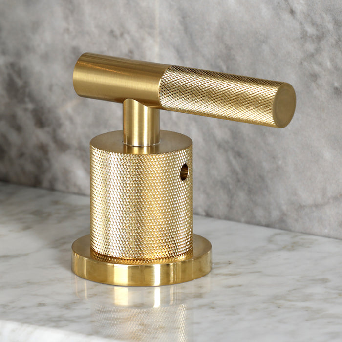 Kingston Sona FSC8953KNL - Convergent Two-Handle 3-Hole Deck Mount Widespread Bathroom Faucet with Knurled Handle and Brass Pop-Up, Brushed Brass