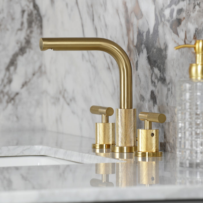 Kingston Sona FSC8953KNL - Convergent Two-Handle 3-Hole Deck Mount Widespread Bathroom Faucet with Knurled Handle and Brass Pop-Up, Brushed Brass