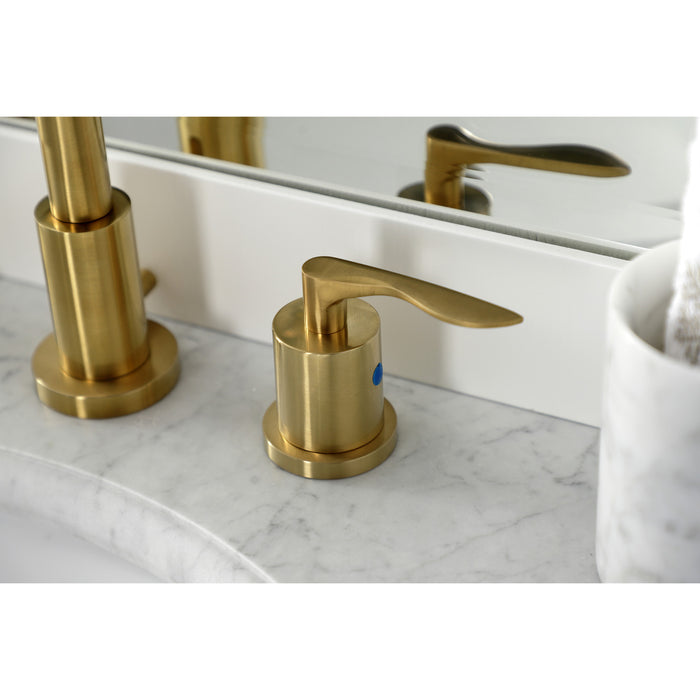 Kingston Tulare FSC8953SVL - Serena Two-Handle 3-Hole Deck Mount Widespread Bathroom Faucet with Brass Pop-Up, Brushed Brass